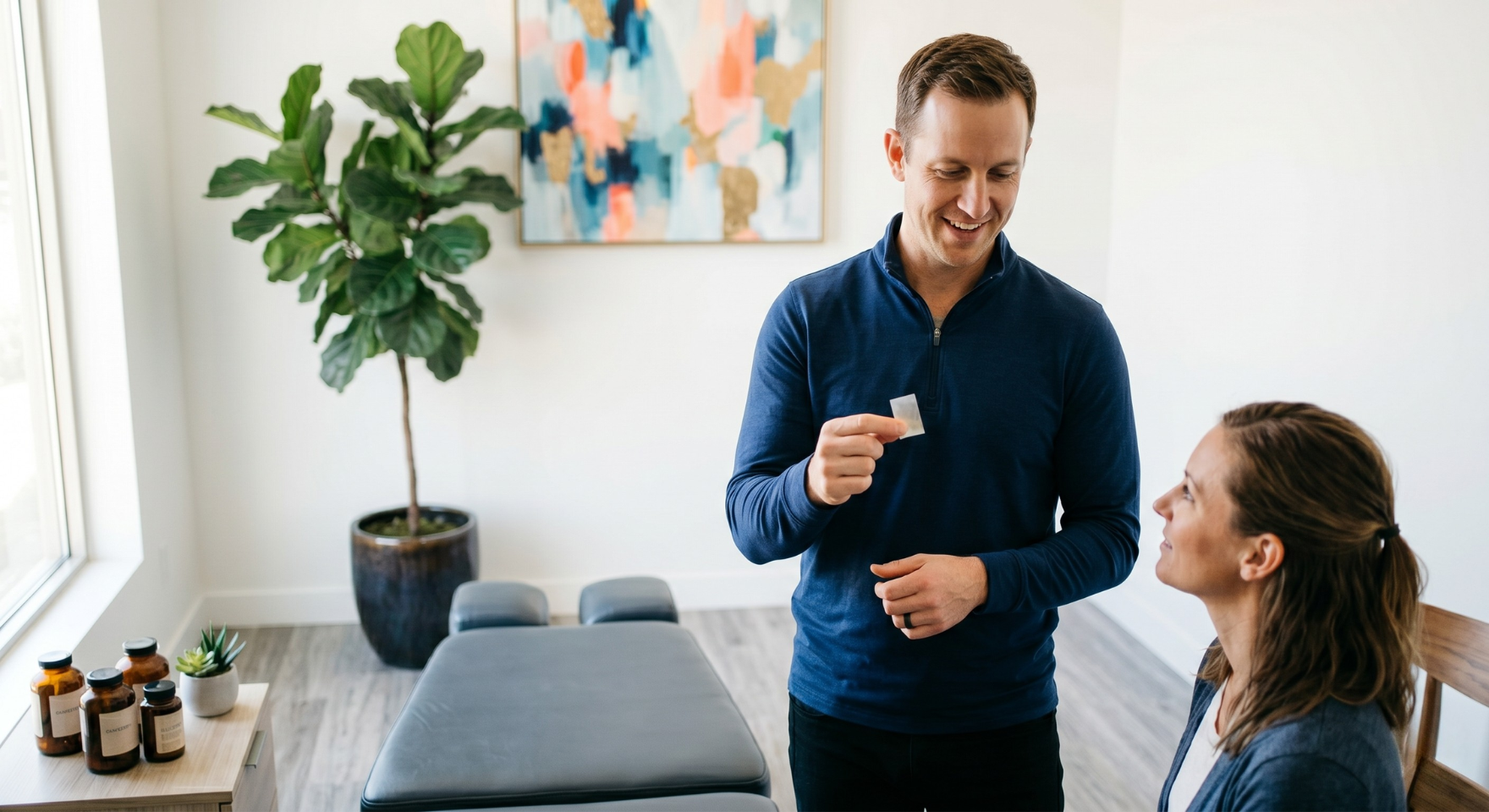 Chiropractor showing oral dissolving peptide strip to patient